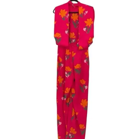 Zara Pink Orange Floral Mock Neck Sleeveless Open Back Cutout Jumpsuit Size XS - Picture 4 of 6